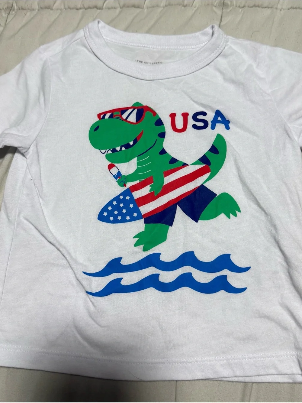 The Children's Place White Tee with Multicolor USA Dino Graphic